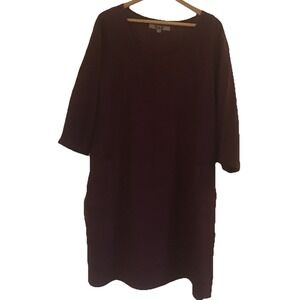 Flax Linen Dress 3/4 Sleeve Pockets Lagenlook Oversized Midi Sz Lg Maroon Fall